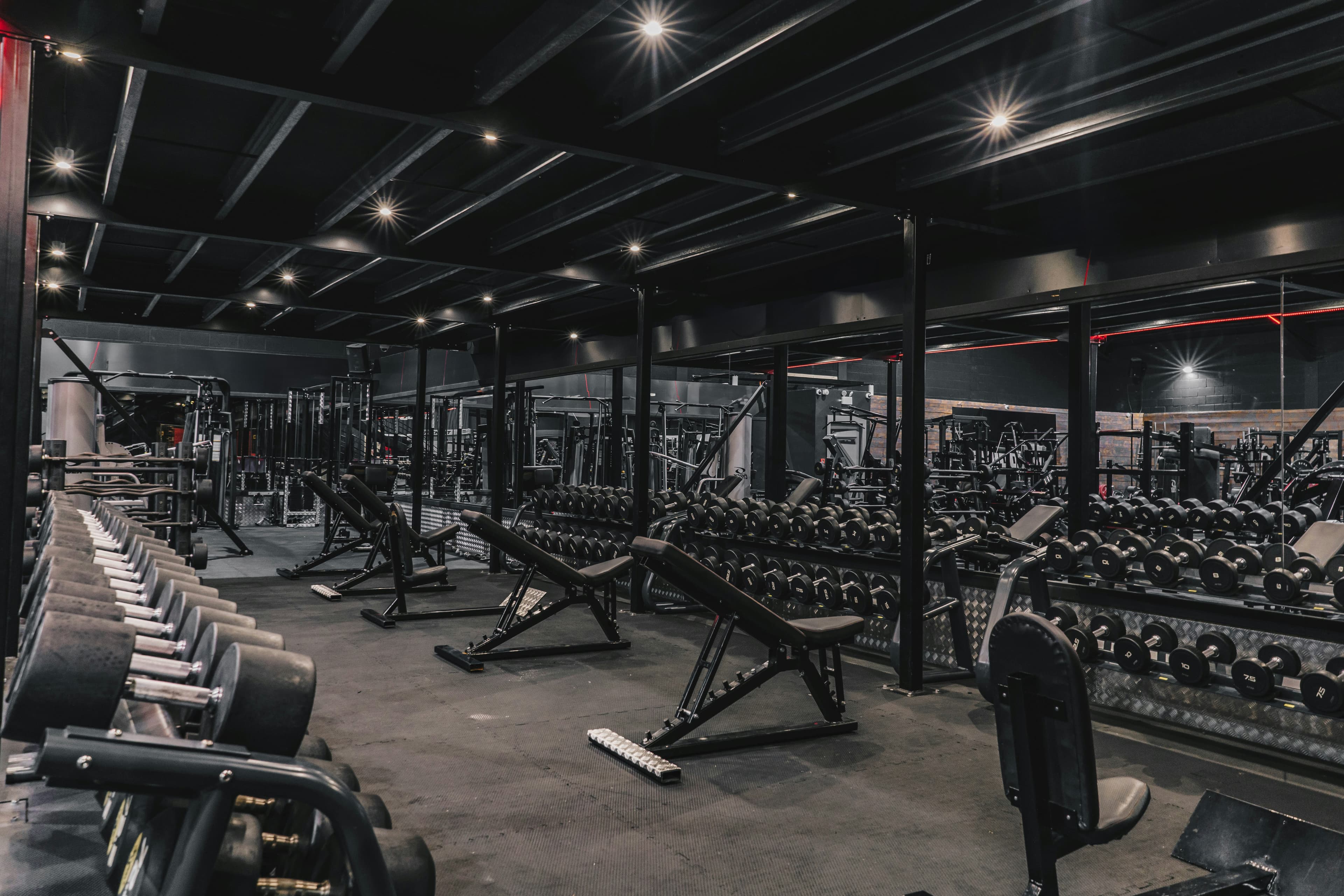 Gym interior with dumbbells and equipment background